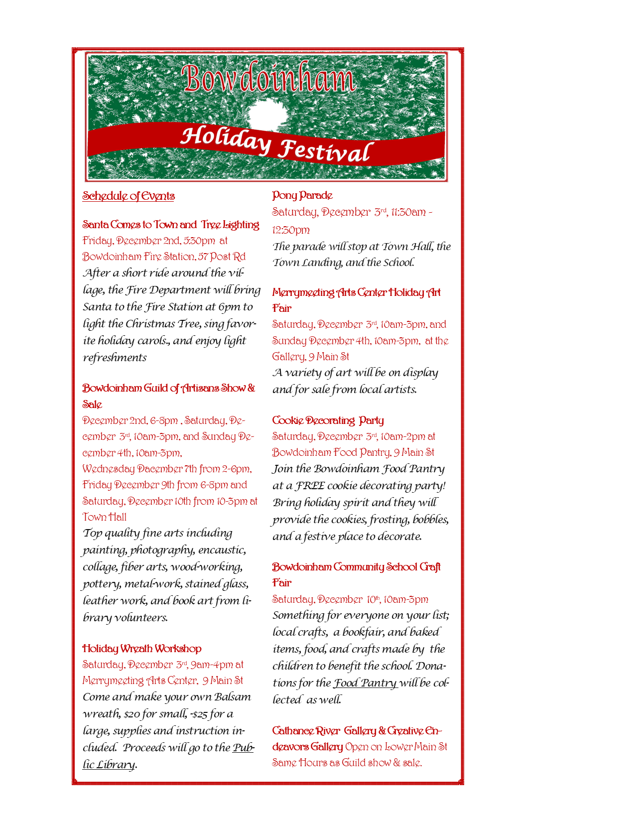 Holiday Fest Schedule